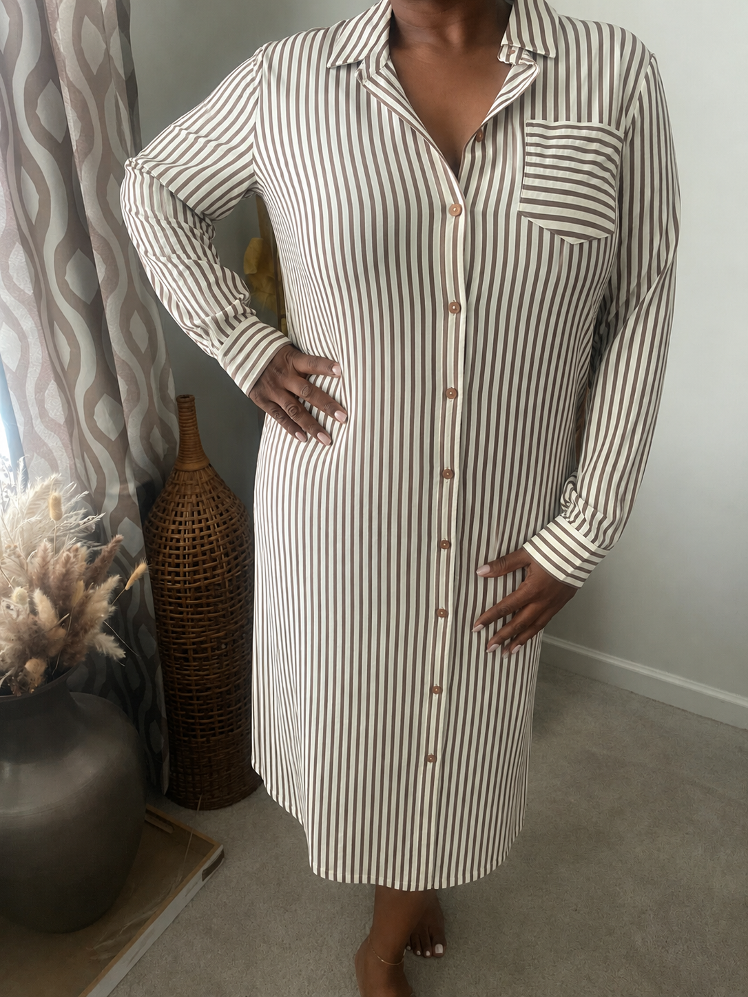 Taupe Stripe Button-up Dress