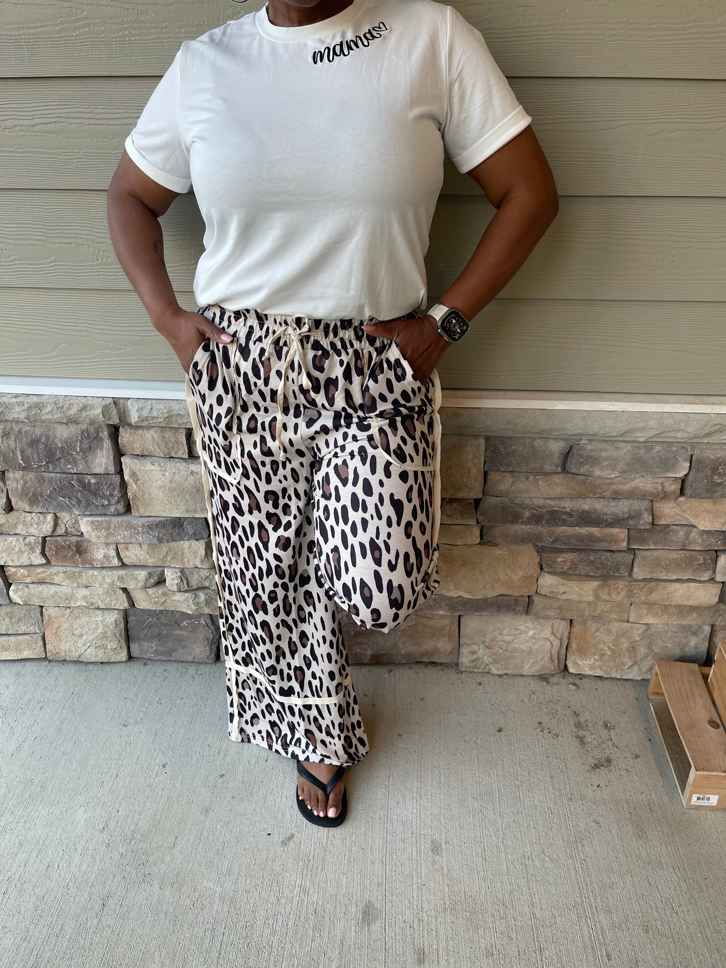 Khaki Leopard Wide Leg Pants