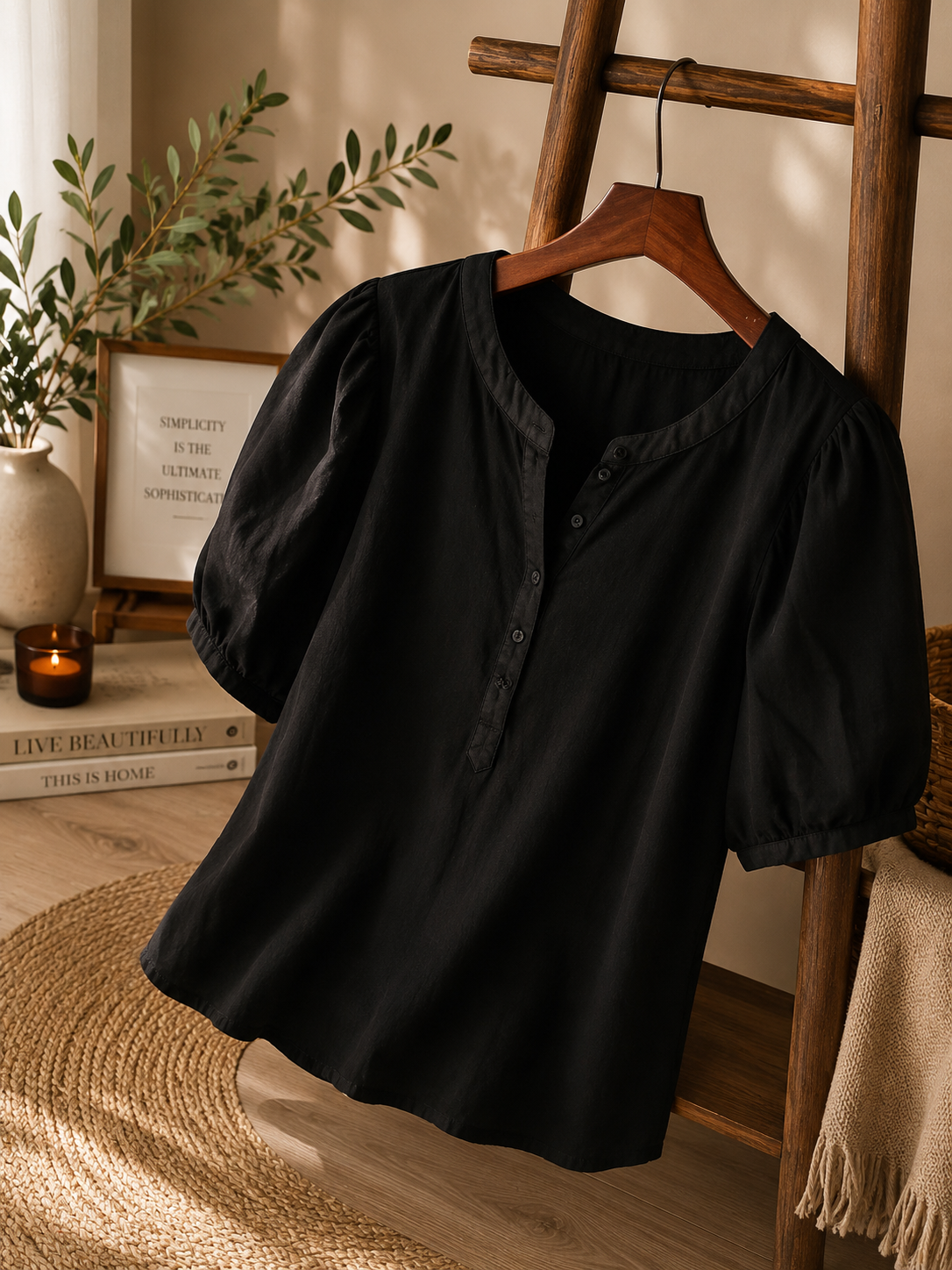 Black Ribbed Puff Sleeve