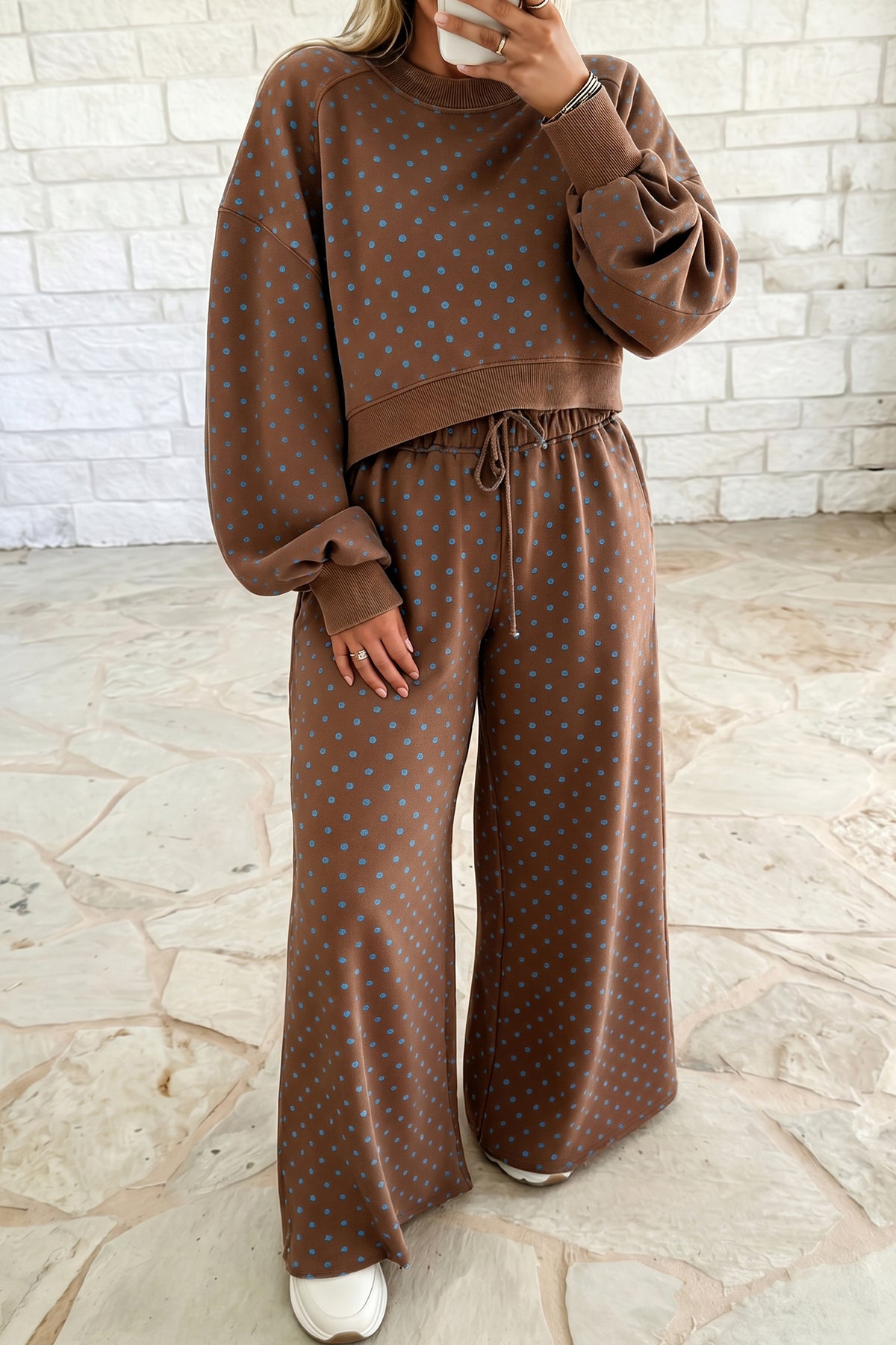 Brown Polka Dot Round Neck Long Sleeve Plus Size Set