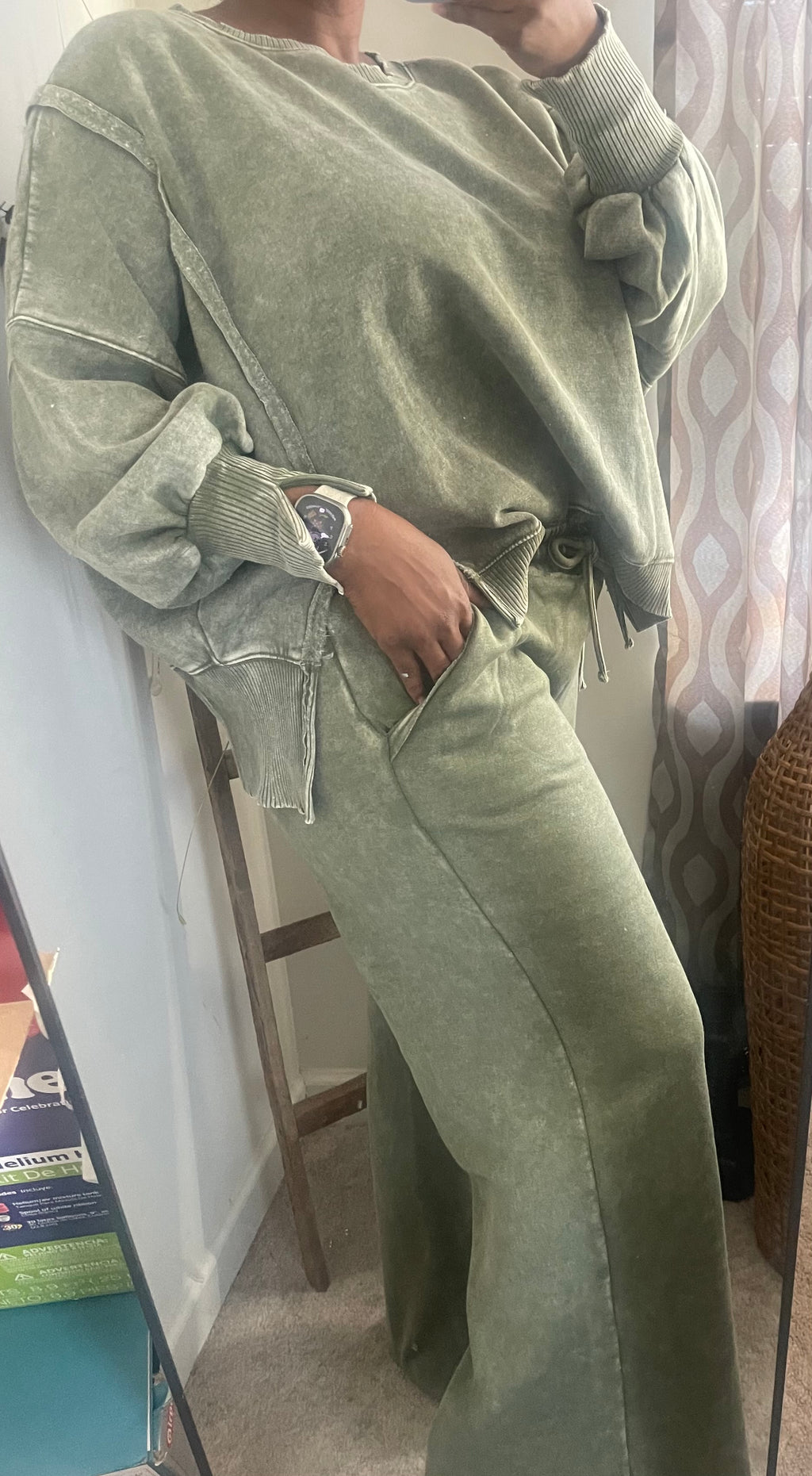 Oversized Olive Acid Wash Crewneck